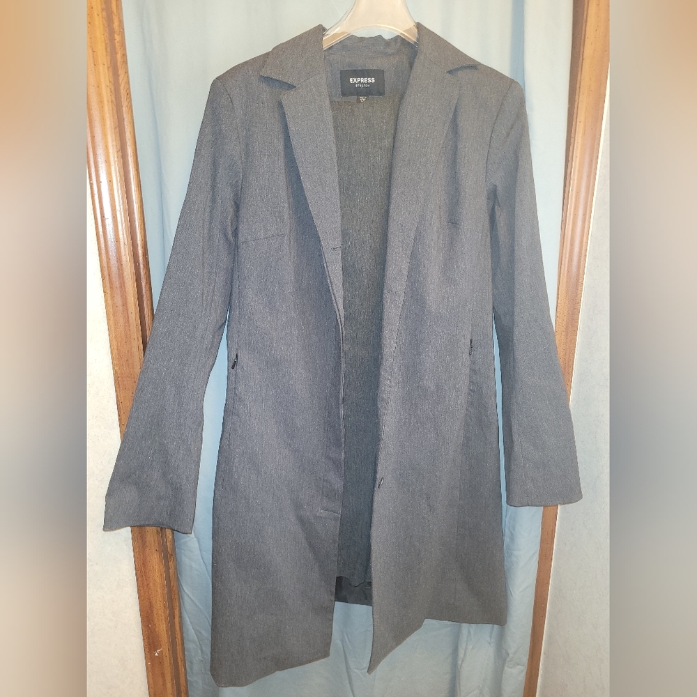 Charcoal gray stretch two-piece boot cut pants set with long blazer by EXPRESS